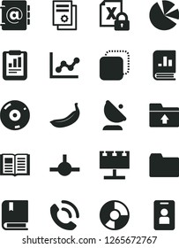 Solid Black Vector Icon Set - folder vector, graph, upload, e, book, address, phone call, copy, banana, satellite antenna, billboard with illumination, statistical report, ring diagram, pie charts