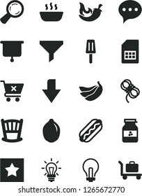 Solid Black Vector Icon Set - incandescent lamp vector, downward direction, cradle, hawser, speech, crossed cart, Hot Dog, porridge, chili, popsicle, jar of jam, bananas, lime, SIM card, magnifier