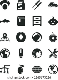 Solid Black Vector Icon Set - sign of the planet vector, book, toys over cradle, baby bath ball, funny hairdo, small tools, map, nightstand, package, barbecue, fish, half peach, cherry, lemon, globe