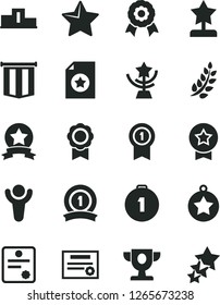 Solid Black Vector Icon Set - star vector, medal, patente, winner, laurel branch, pedestal, prize, cup, reward, first place, with pennant, ribbon, certificate, flag, three stars