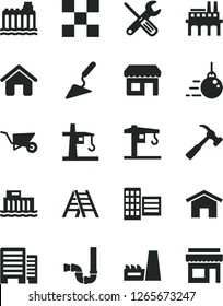 Solid Black Vector Icon Set - crane vector, house, big core, building trolley, trowel, small tools, ladder, siphon, buildings, city block, tile, hammer with claw, home, hydroelectric station, tower