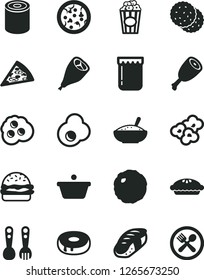 Solid Black Vector Icon Set - plastic fork spoons vector, tin, pizza, piece of, burger, cake with a hole, pie, bowl rice porridge, chicken thigh, grill leg, cabbage, sushi, popcorn, cup, fried egg