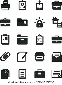 Solid Black Vector Icon Set - briefcase vector, clean paper, upload archive data, folder bookmark, portfolio, estimate, received letter, suitcase, notes, survey, clip, statistical report, overview