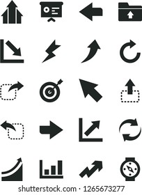 Solid Black Vector Icon Set - right direction vector, left, growth up, renewal, clockwise, chart, negative, upload folder, lightning, move, financial report, cursor, graph, arrows, target, arrow