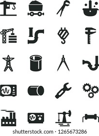 Solid Black Vector Icon Set - crane vector, tower, hook, adjustable wrench, sewerage, working oil derrick, water pipes, power line, industrial building, pipe, steel repair key, calipers, metallurgy