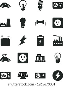 Solid Black Vector Icon Set - incandescent lamp vector, power socket type b, lightning, charging battery, accumulator, bulb, light, hydroelectric station, industrial building, thermal plant