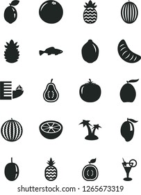 Solid Black Vector Icon Set - small fish vector, a pineapple, melon, water, mango, loquat, slice of tangerine, passion fruit, lime, sour, half guawa, ripe, grapefruit, part guava, persimmon, hotel