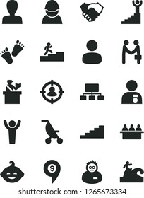Solid Black Vector Icon Set - woman vector, summer stroller, funny hairdo, children's tracks, racer, court hearing, man, in sight, scheme, hand shake, scientist, carrer stairway, winner, hands up