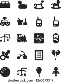 Solid Black Vector Icon Set - toys over the cradle vector, cot, dummy, new abacus, rubber duck, bath ball, motor vehicle present, roly poly doll, toy phone, mobile, sand set, children's train, small