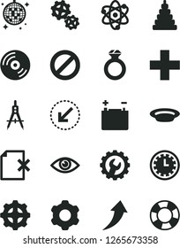 Solid Black Vector Icon Set - prohibition vector, clock face, plus, stacking toy, cogwheel, gear, left bottom arrow, eye, CD, delete page, plate, accumulator, gears, Measuring compasses, atom, up