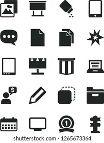 Solid Black Vector Icon Set - laptop vector, clean sheet of paper, baby powder, picture, folder, copy, billboard with illumination, pencil, calendar, speech, tablet pc, monitor, bang, medal ribbon