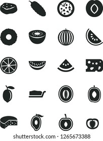 Solid Black Vector Icon Set - piece of cheese vector, pizza, cake slice, meat, cucumber, plum, water melon, half mango, delicious, cherry, lemon, kiwi, pineapple, tomato