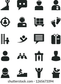 Solid Black Vector Icon Set - image of thought vector, cargo trolley, footprints, operator, folded shirt, racer, builder, woman, man, in sight, think, conversation, carrer stairway, winner, hands up