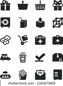 Solid Black Vector Icon Set - grocery basket vector, first aid kit, medical bag, packing of juice with a straw, received letter, strongbox, cardboard box, gift, shipment, unpacking, popcorn, cup