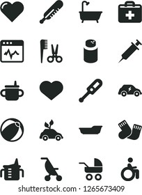 Solid Black Vector Icon Set - heart symbol vector, first aid kit, mug for feeding, measuring cup, powder, baby carriage, summer stroller, electronic thermometer e, mercury, bath ball, warm socks