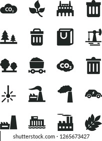 Solid Black Vector Icon Set - bin vector, dust, bag with handles, working oil derrick, leaves, manufacture, factory, hydroelectric station, trees, forest, industrial building, thermal power plant