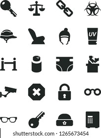 Solid Black Vector Icon Set - mark of injury vector, spectacles, scales, nappy, powder, car child seat, winter hat, warm, helmet, lock, key, glasses, biohazard, rope barrier, passort control, safe
