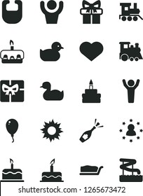 Solid Black Vector Icon Set - heart symbol vector, bib, rubber duck, baby duckling, toy train, children's, balloon, cake, slice, torte, birthday, gift, giftbox, man hands up, stars around, champagne