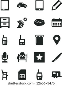 Solid Black Vector Icon Set - tassel vector, desktop microphone, toy phone, mobile, a chair for feeding child, concrete mixer, nightstand, piece of meat, jam, big solar panel, retro car, SIM card