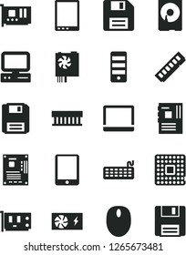 Solid Black Vector Icon Set - floppy disk vector, processor, computer, tablet pc, notebook, radiator fan, mouse, keyboard, power supply, tower, motherboard, memory, card, hdd
