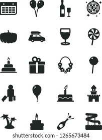 Solid Black Vector Icon Set - colored air balloons vector, balloon, cake, birthday, gift, Chupa Chups, lollipop, glass, pumpkin, wall calendar, sand castle, wine, champagne, car baggage, passenger