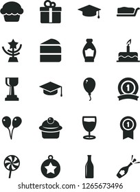 Solid Black Vector Icon Set - colored air balloons vector, balloon, cake, gift, square academic hat, muffin, piece of, slice, lollipop, glass, bottle, gold cup, star, graduate, medal, with pennant