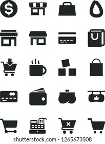 Solid Black Vector Icon Set - paper bag vector, bank card, cubes for children, put in cart, crossed, with handles, kiosk, stick of sausage, cup tea, stall, antique advertising signboard, front the