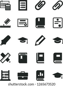 Solid Black Vector Icon Set - clip vector, briefcase, book, new abacus, e, writing accessories, drawing, calculation, square academic hat, pencil, text highlighter, on statistics, graduate, patente