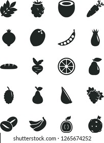 Solid Black Vector Icon Set - loaf vector, garlic, carrot, coffee beans, pear, branch of grape, rose hip, medlar, blackberry, mulberry, juicy lemon, bananas, half guawa, coconut, beet, peas, biology