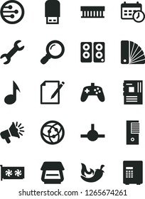 Solid Black Vector Icon Set - color samples vector, notes, chili, loudspeaker, radiator fan, pc tower, motherboard, gpu card, scanner, usb flash, speaker, network, connect, magnifier, note, joystick