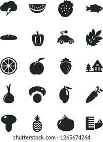 Solid Black Vector Icon Set - storm cloud vector, loaf, mushroom, tomato, carrot, fish, strawberries, a pineapple, ripe peach, raspberry, mango, water melon slice, juicy lemon, Bell pepper, onion