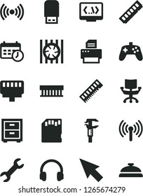 Solid Black Vector Icon Set - bedside table vector, caliper, radiator fan, memory, printer, usb flash, headphones, coding, lan connector, wireless, joystick, chair, sd card, repair, schedule clock