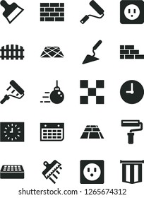Solid Black Vector Icon Set - paint roller vector, brickwork, brick wall, big core, building trowel, new, power socket type b, tile, putty knife, spatula, fence, paving slab, pavement, clock, black