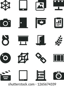 Solid Black Vector Icon Set - camera vector, spectacles, movie cracker, abacus, window frame, ntrance door, picture, vintage sign, billboard with illumination, statistical report, tablet pc, 3d cube
