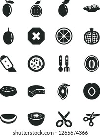 Solid Black Vector Icon Set - scissors vector, mark of injury, iron fork spoons, knife, cheese, pizza, slices onion, piece meat, half pomegranate, plum, mango, melon, passion fruit, lemon, juicy