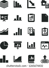Solid Black Vector Icon Set - clean sheet of paper vector, pie chart, bar, negative, positive histogram, estimate, cardiogram, pile, statistical report, overview, book on statistics, research, arrow