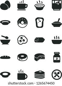 Solid Black Vector Icon Set - deep plate with a spoon vector, coffee, sausage, cheese, eggs, loaf, cake hole, glazed, bowl of buckwheat porridge, in saucepan, hot, milk, cup tea, glass, omelette