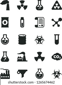 Solid Black Vector Icon Set - round flask vector, manufacture, factory, oil, barrel, industrial building, radiation, carbon dyoxide, water filter, research article, test tube, molecule, nuclear