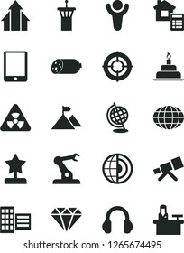 Solid Black Vector Icon Set - birthday cake vector, city block, estimate, sausage, assembly robot, globe, tablet pc, headphones, telescope, nuclear, earth core, winner, star reward, growth arrows