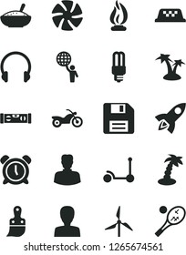 Solid Black Vector Icon Set - floppy disk vector, alarm clock, woman, Kick scooter, plastic brush, building level, headphones, a bowl of rice porridge, windmill, mercury light bulb, fan, flame, taxi