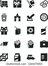Solid Black Vector Icon Set - cargo trolley vector, medical bag, e, packing of juice with a straw, box bricks, strongbox, package, shipment, pizza, French fries, fried potato slices, popcorn, cup