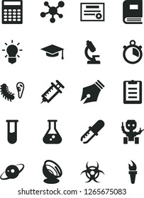 Solid Black Vector Icon Set - flask vector, test tube, microscope, molecule, bulb, bactery, book, biohazard, pipette, graduate hat, clipboard, calculator, robot, satellite antenna, saturn, syringe