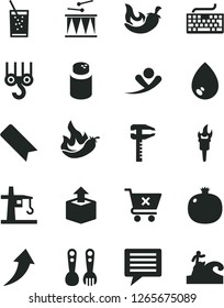 Solid Black Vector Icon Set - image of thought vector, bookmark, keyboard, powder, plastic fork spoons, drumroll, winch hook, drop, crossed cart, unpacking, chili, a glass soda, pomegranate, surfing