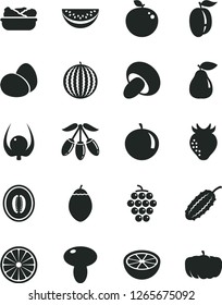 Solid Black Vector Icon Set - eggs vector, mushroom, porcini, lettuce in a plate, large grape, pear, strawberry, water melon, goji berry, half, slice, tangerine, ripe plum, tamarillo, of orange