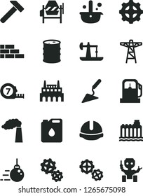 Solid Black Vector Icon Set - brick wall vector, big core, gears, building trowel, concrete mixer, long meashuring tape, construction helmet, hammer, oil derrick, gas station, manufacture, barrel