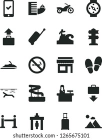 Solid Black Vector Icon Set - motorcycle vector, rope barrier, security gate, rolling suitcase, phone registration, case, baggage, getting, hotel, beach, aquapark, surfing, receptionist, store