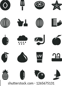 Solid Black Vector Icon Set - rainy cloud vector, toy sand set, popsicle, blueberries, ripe peach, plum, fig, melon, water, mango, date fruit, passion, pineapple, half of grapefruit, hotel, uv cream