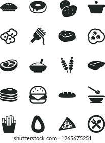 Solid Black Vector Icon Set - plates and spoons vector, stick of sausage, loaf, fried vegetables on sticks, piece pizza, big burger, spaghetti, cake with a hole, pie, bowl rice porridge, bacon, chop