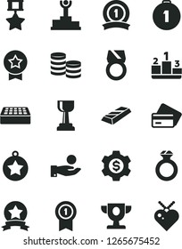 Solid Black Vector Icon Set - brick vector, pedestal, coins, catch a coin, winner podium, prize, gold cup, star medal, first place, with pennant, ribbon, hero, diamond ring, bar, dollar gear
