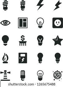 Solid Black Vector Icon Set - lightning vector, matte light bulb, incandescent lamp, window, saving, power socket type b, dangers, star, eye, energy, mercury, lighthouse, flame, dollar column